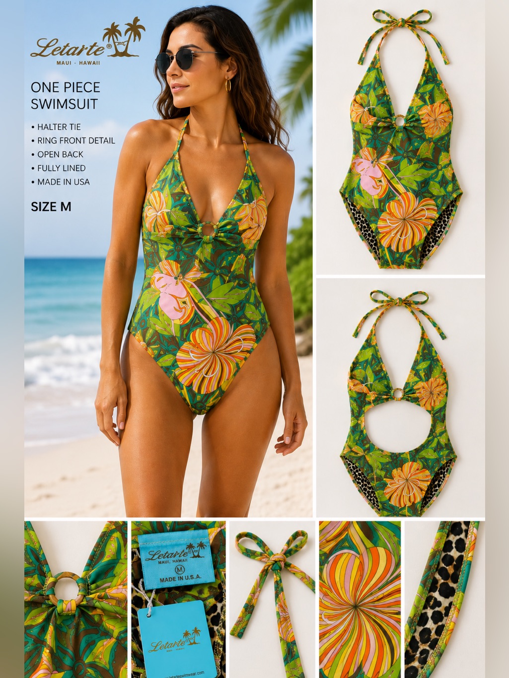 Letarte Maui Hawaii One Piece Swimsuit Halter Floral Leopard Print Size Medium